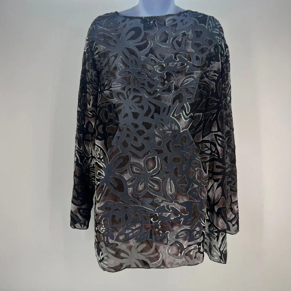 Additions by Chico's Size 3 US XL Black Brown Floral Burnout Velvet Tunic Top - Picture 2 of 10
